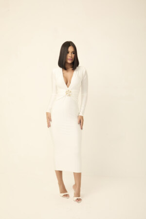 Closet - Vestido Midi Flor com Faixa Franzida Paloma