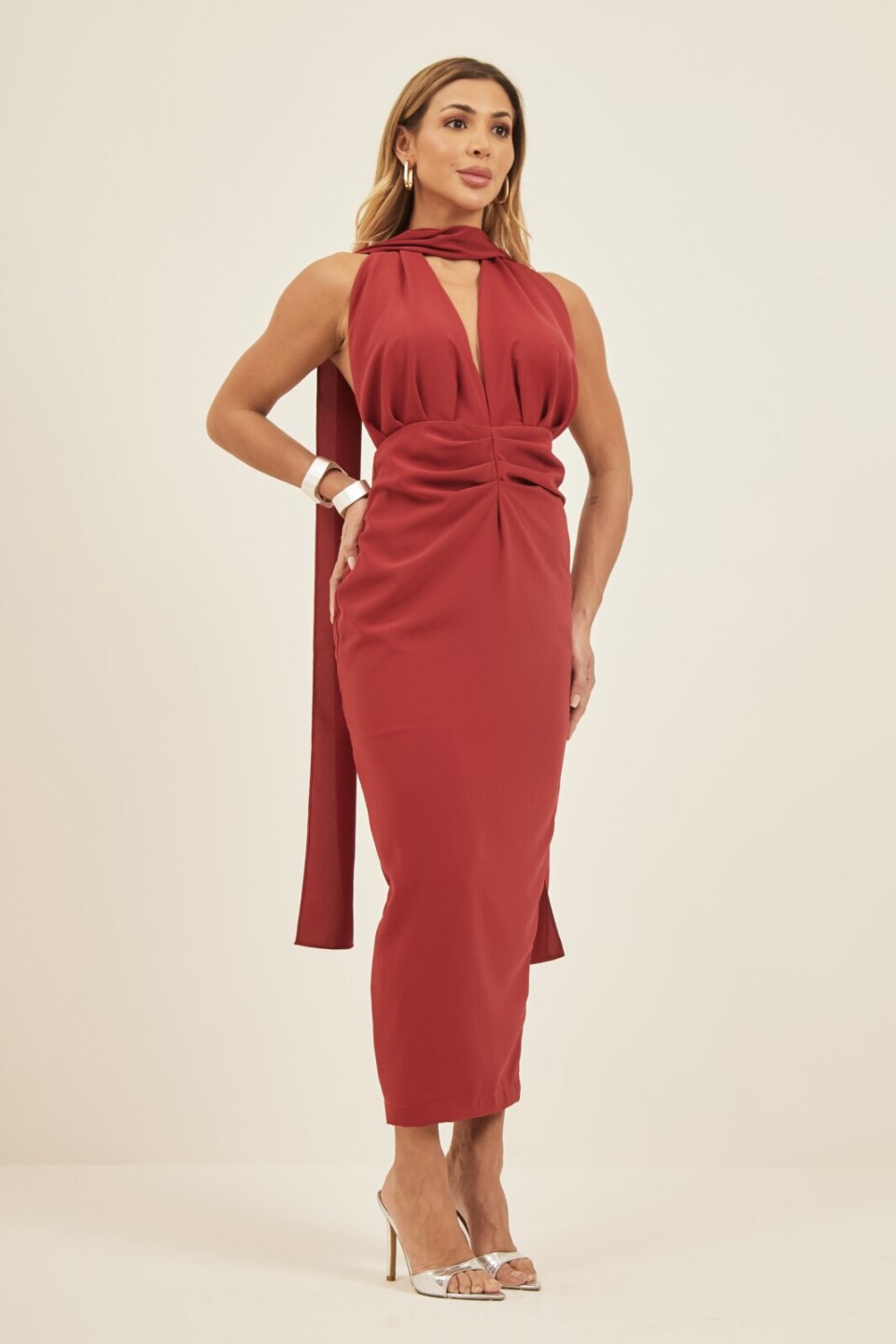 Closet - Vestido Midi Frente Única Com Pregas Sirlene