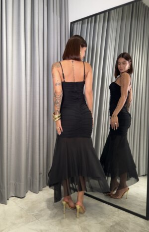 Closet - Vestido Mídi Tule Franzido Com Babados Luciana