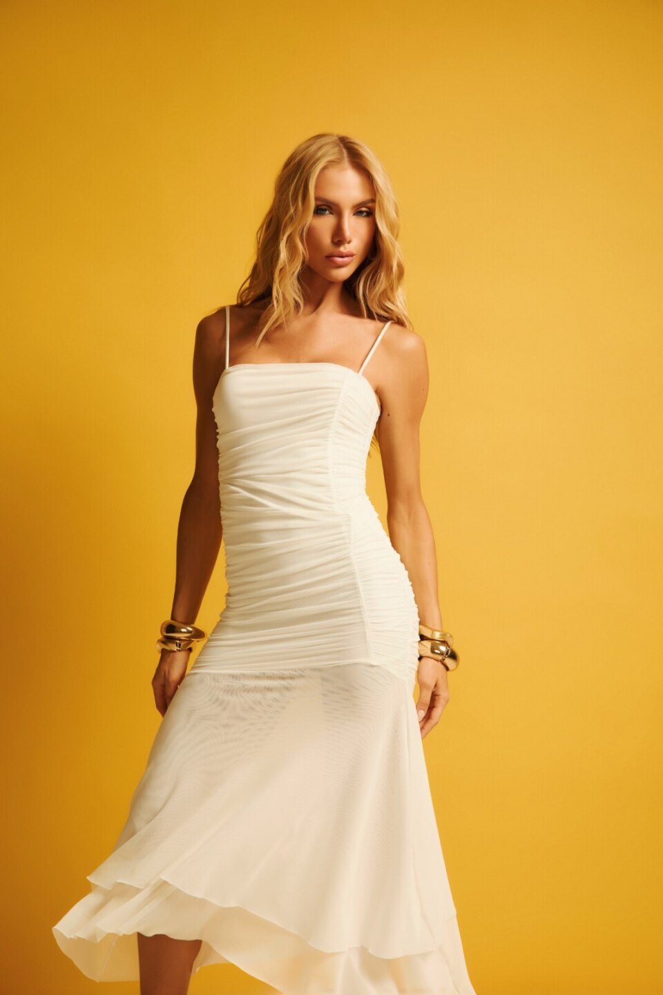 Closet - Vestido Mídi Tule Franzido Com Babados Luciana