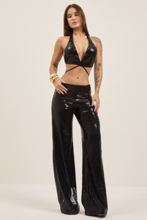 Closet - Conjunto Top e Calça Pantalona Paetê