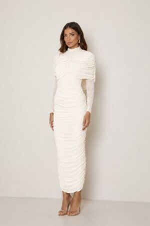 CLOSET: Moda Feminina Elegante, Exclusiva e Atemporal - Vestido Midi Franzido Com Manga Tule Olívia